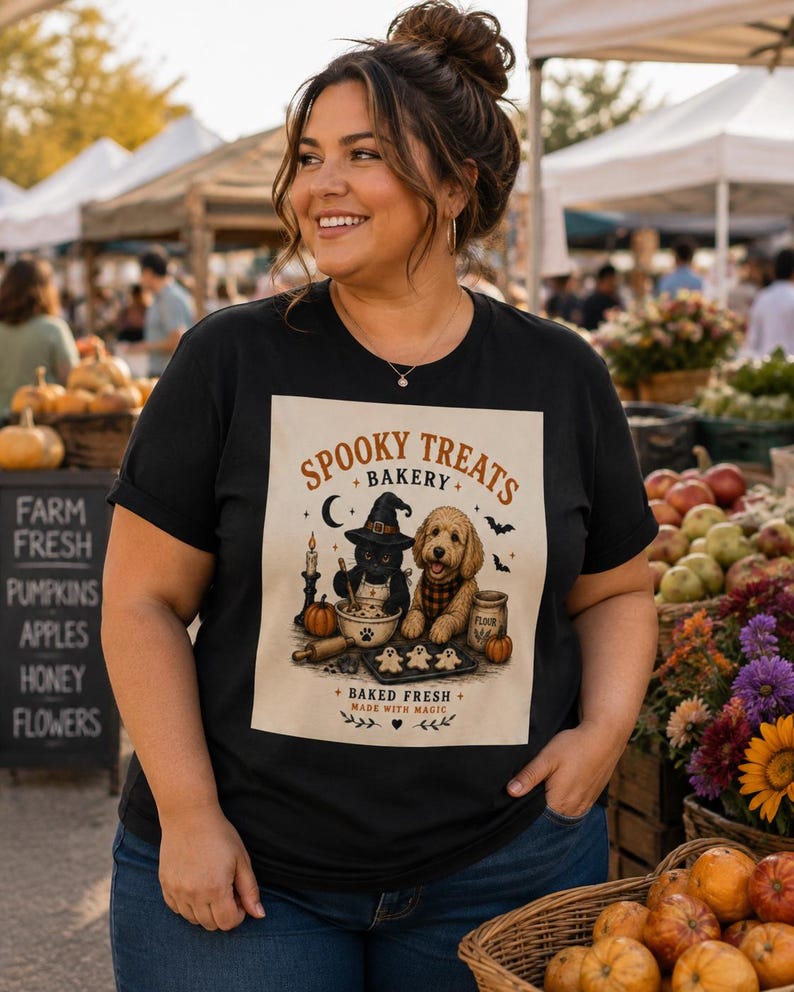 May include: A black short-sleeve t-shirt featuring a graphic print with the text "SPOOKY TREATS BAKERY" and "BAKED FRESH MADE WITH MAGIC". The illustration shows a black cat in a witch hat and a golden dog baking cookies with pumpkins.