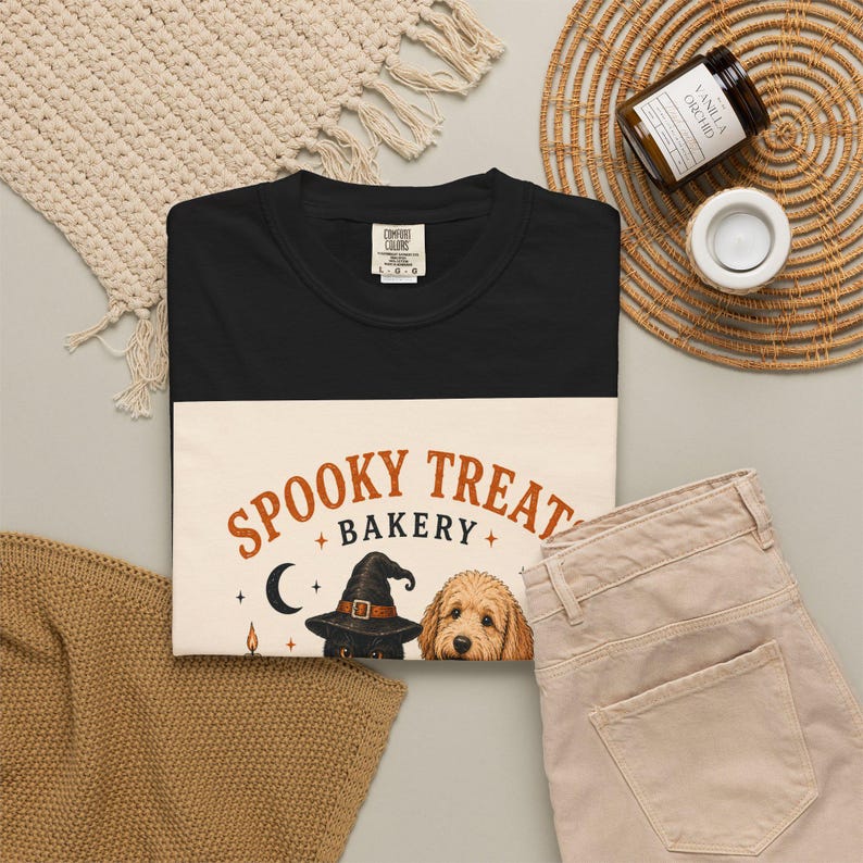 Spooky Treats Bakery Goldendoodle and Black Cat Spooky Cookies Halloween Tee Shirt | Halloween Puppy Baking Design Comfort Colors image 20