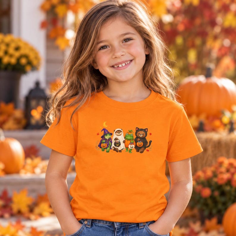 May include: A bright orange short-sleeved t-shirt featuring a central graphic print of four small animals dressed in Halloween costumes, including a frog as a wizard, a ghost, a pumpkin, and a black cat, each holding a small jack-o'-lantern bucket.