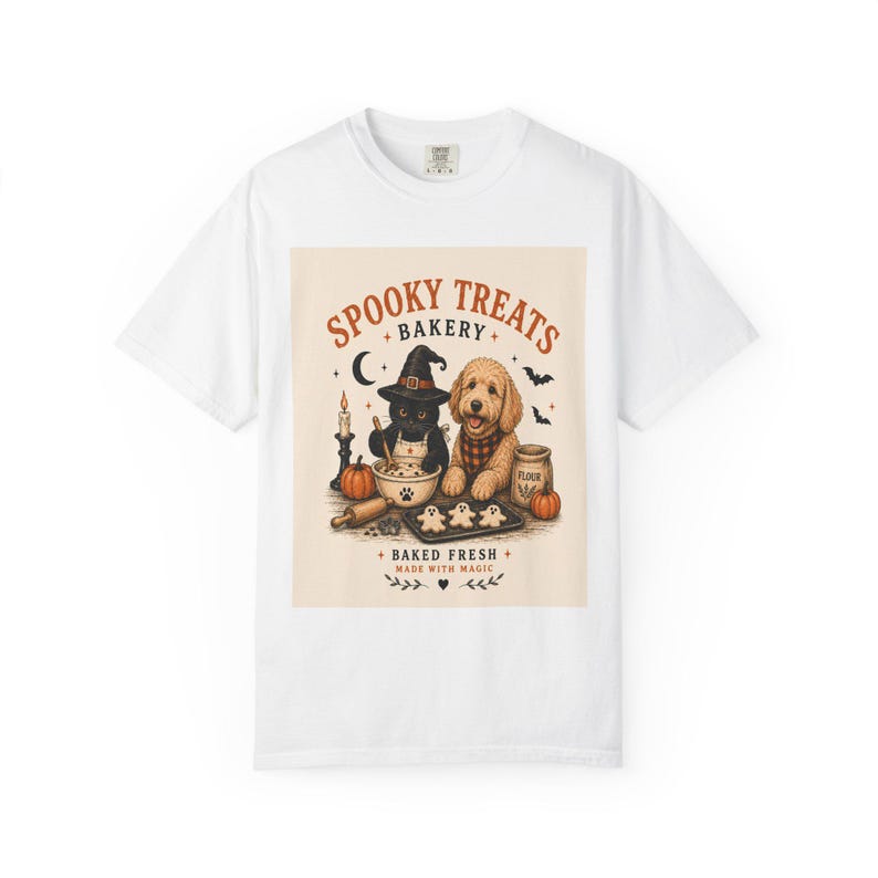 Spooky Treats Bakery Goldendoodle and Black Cat Spooky Cookies Halloween Tee Shirt | Halloween Puppy Baking Design Comfort Colors image 10