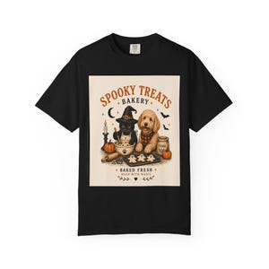 Spooky Treats Bakery Goldendoodle and Black Cat Spooky Cookies Halloween Tee Shirt | Halloween Puppy Baking Design Comfort Colors image 14