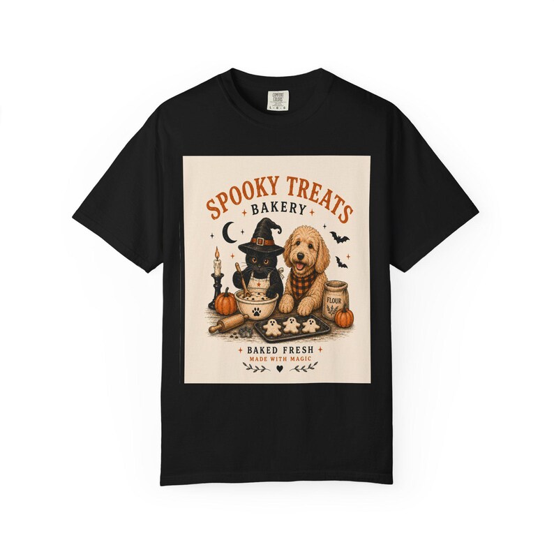 Spooky Treats Bakery Goldendoodle and Black Cat Spooky Cookies Halloween Tee Shirt | Halloween Puppy Baking Design Comfort Colors image 14