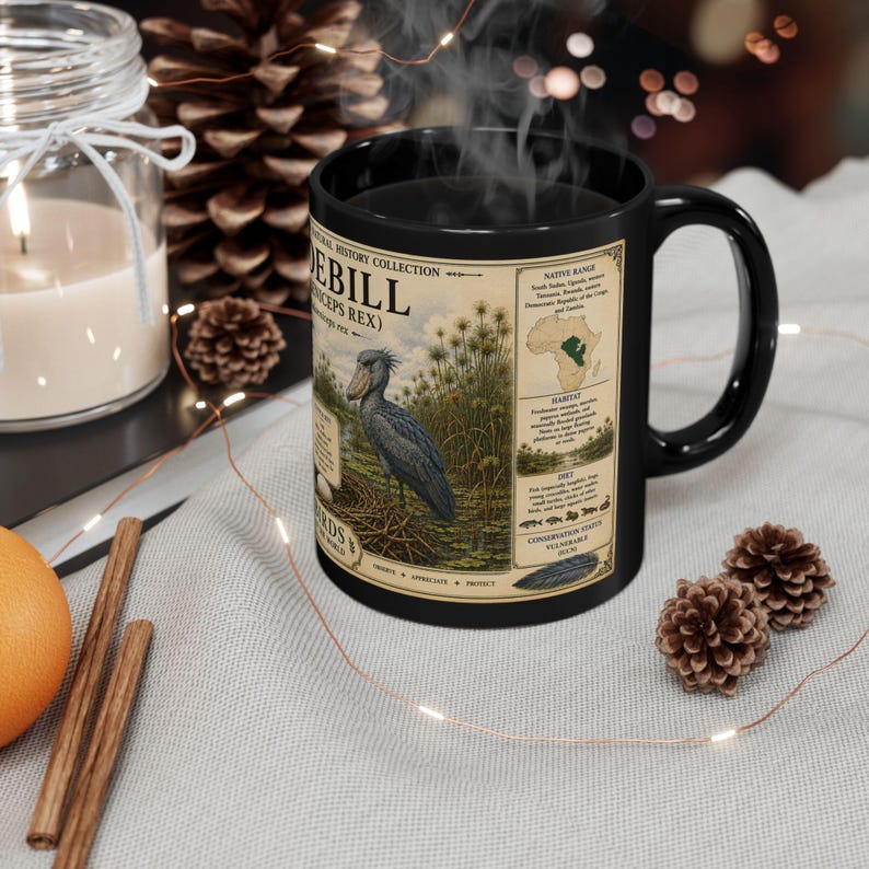 Shoebill Mug 15 oz Black Ceramic Cup with Vintage Natural History Bird Art image 8