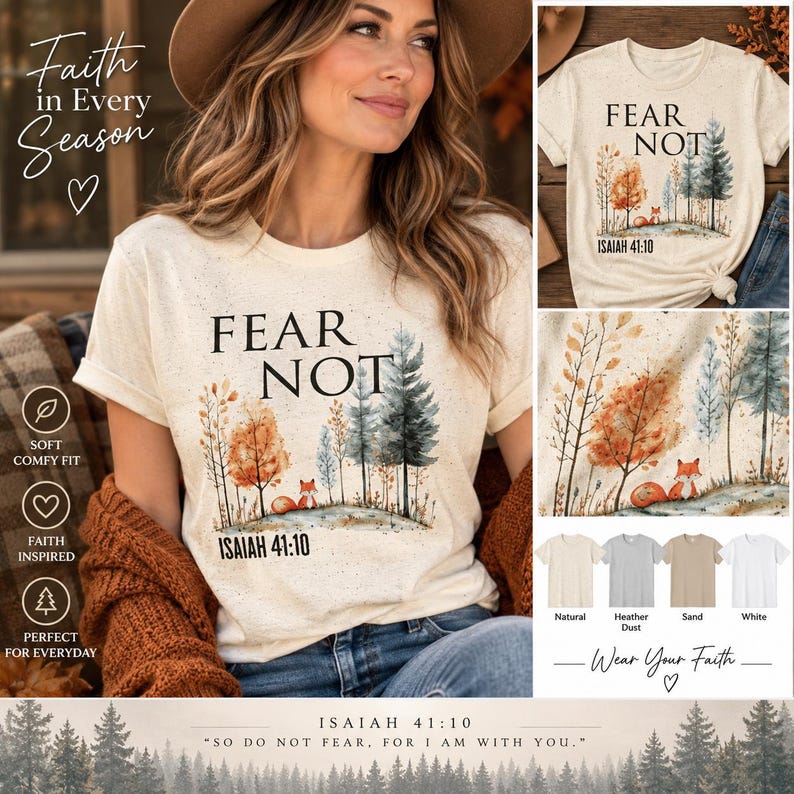 May include: A cream-colored short-sleeve t-shirt featuring a watercolor-style forest scene with a small fox, the text FEAR NOT, and the scripture reference ISAIAH 41:10. The design includes orange and green trees on a speckled fabric background.