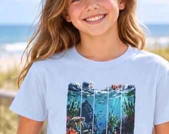 Sea Turtle Ocean Coral Reef Scene Kids Tee | Ocean Fish Sea Turtles Sea Life