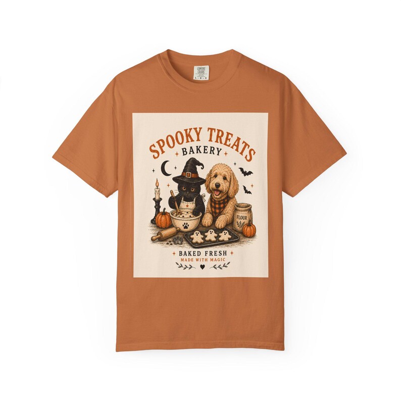 Spooky Treats Bakery Goldendoodle and Black Cat Spooky Cookies Halloween Tee Shirt | Halloween Puppy Baking Design Comfort Colors image 11