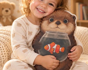 Otter Holding Fishbowl Custom Shaped Pillow | Clownfish Plush Pillow dorm room NURSERY