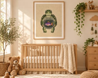 Turtle Holding Fishbowl Poster | Cute Animal Wall Art nursery college dorm room