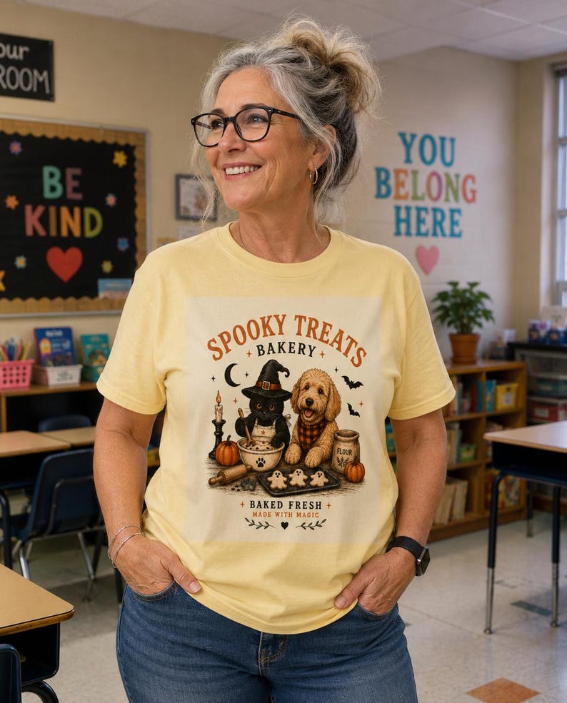 May include: A pale yellow t-shirt featuring a graphic print of a black cat in a witch hat and a golden doodle dog baking cookies. The text reads Spooky Treats Bakery, Baked Fresh, and Made With Magic, accompanied by pumpkins and bats.
