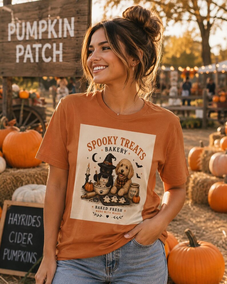 May include: A burnt orange t-shirt featuring a graphic print of a black cat wearing a witch hat and a golden dog baking cookies. The text reads Spooky Treats Bakery, Baked Fresh, and Made With Magic, accompanied by pumpkins and bats.
