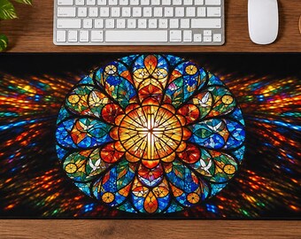 Stained Glass Rose Window Desk Mat | Colorful Mandala Mouse Pad Faith