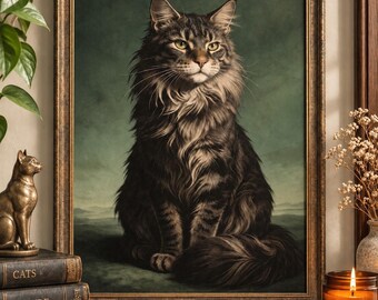 Regal Longhair grey Cat Rolled Poster | Portrait Wall Art, Green Background