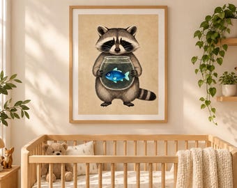 Raccoon Holding Fishbowl Poster | Cute Nursery Wall Art babyshower gift college dorm room