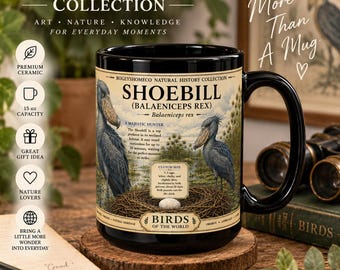 Shoebill Mug 15 oz Black Ceramic Cup with Vintage Natural History Bird Art