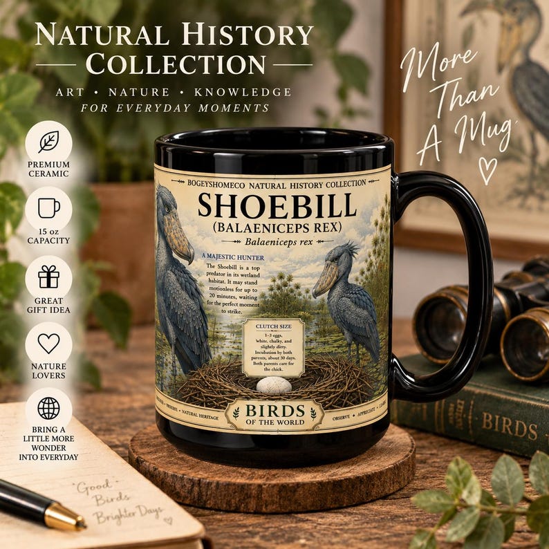 May include: A black ceramic mug featuring a Shoebill bird illustration, a nest with an egg, and text including "Shoebill (Balaeniceps rex)", "A Majestic Hunter", and "Birds of the World". The mug has a 15 oz capacity and a glossy finish.