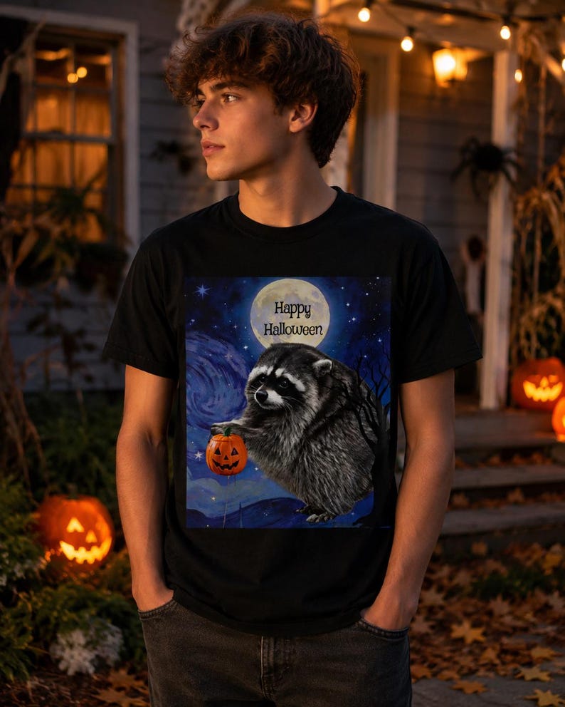 Op de afbeelding: Een zwart t-shirt met een grafische print van een wasbeer die een kleine oranje pompoen vasthoudt. De achtergrond toont een volle maan in een donkerblauwe nachtelijke hemel met de tekst Happy Halloween in zwarte letters onder de maan.