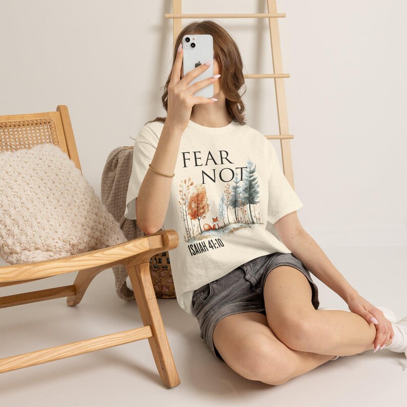 Fear Not Isaiah 41 10 Christian Faith Woodland Forest Tee Bible verse Nature Watercolor Shirt Christian Gift image 19