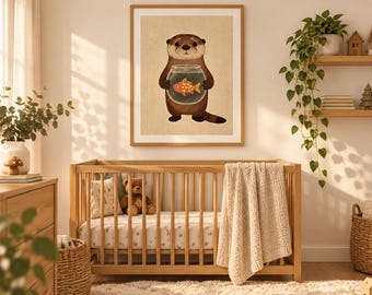 Cute Otter Holding Fishbowl Poster | Rolled Poster, Nursery Wall Art college dorm baby shower gift