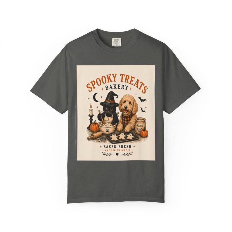 Spooky Treats Bakery Goldendoodle and Black Cat Spooky Cookies Halloween Tee Shirt | Halloween Puppy Baking Design Comfort Colors image 12