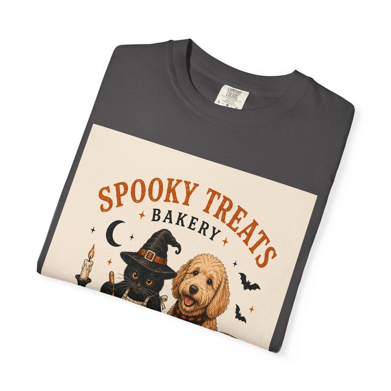 Spooky Treats Bakery Goldendoodle and Black Cat Spooky Cookies Halloween Tee Shirt | Halloween Puppy Baking Design Comfort Colors image 17