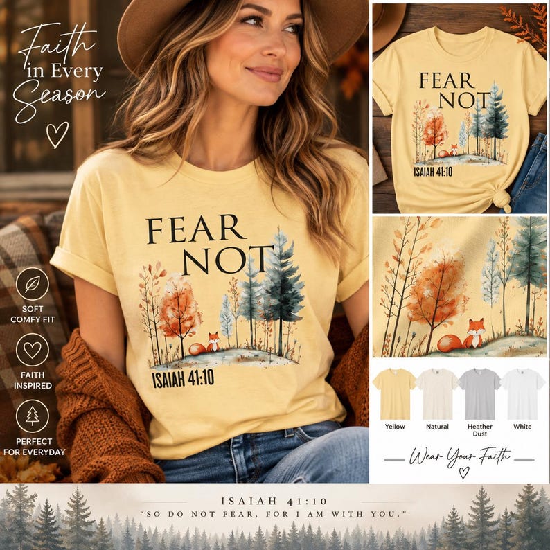 May include: A pale yellow t-shirt featuring a graphic of a forest with a small fox, the text FEAR NOT, and the scripture reference ISAIAH 41:10. The design includes watercolor-style trees in shades of orange, green, and blue on a light background.