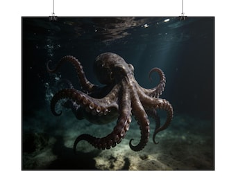 Underwater Octopus Poster Ocean Wildlife Wall Art Marine Life Print for Coastal Home Decor