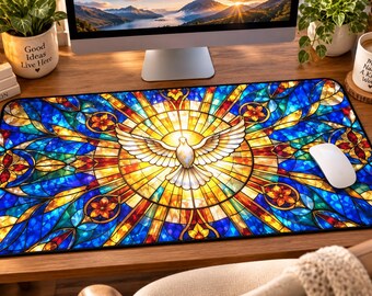 Stained Glass Dove Desk Mat | Holy Spirit Sunburst Mouse Pad Faith