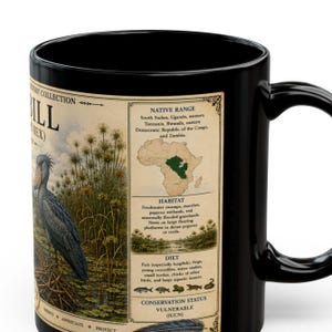 Shoebill Mug 15 oz Black Ceramic Cup with Vintage Natural History Bird Art image 4