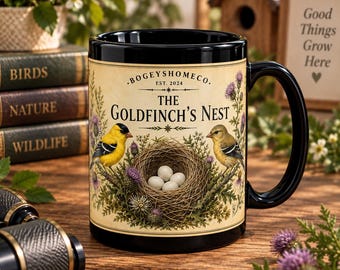 American Goldfinch Nest Mug, Vintage Botanical Birdwatcher Gift