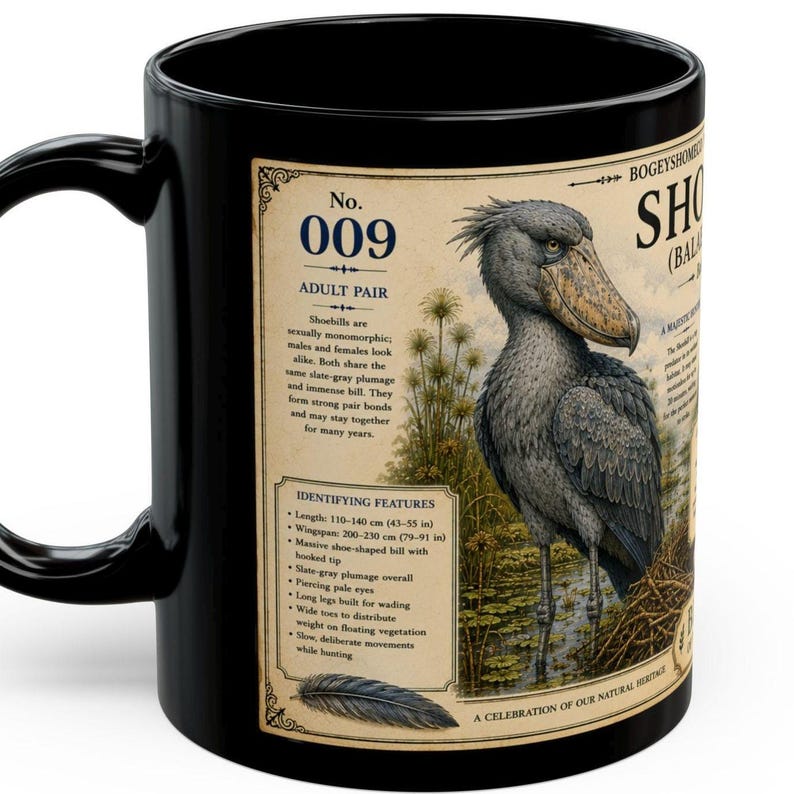 Shoebill Mug 15 oz Black Ceramic Cup with Vintage Natural History Bird Art image 5