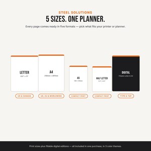 May include: A Steel Solutions planner graphic displaying five formats: Letter 8.5 x 11 inches, A4 210mm x 297mm, A5 148 x 210mm, Half Letter 5.5 x 8.5 inches, and a black Digital fillable Letter and A4 edition with text labels for each size.
