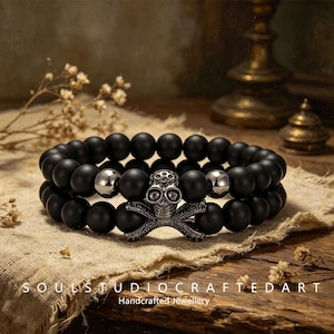 Silver Micro Pave Skull & Crossbones Bracelet Set, Matte Black Onyx 8mm Beaded Stackable Bracelets