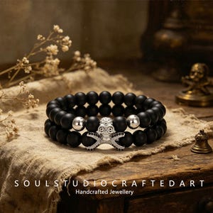 Silver Micro Pave Skull & Crossbones Bracelet Set, Matte Black Onyx 8mm Beaded Stackable Bracelets