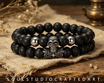 Matte Black Onyx Sugar Skull Stackable Bracelet, Gothic Men's Beaded Bracelet, Handmade Biker Jewelry, Day of the Dead Themed Gift for Him
