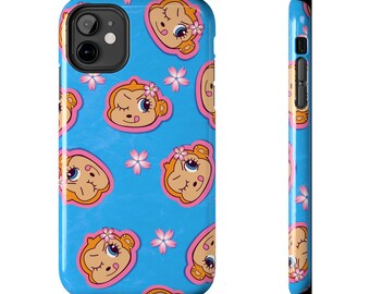 Winking Monkey Mango Sour Face pattern Tough Phone Case | Blue floral kawaii design