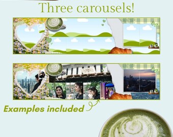 Green matcha girl themed social media templates for Instagram carousels-- set of three