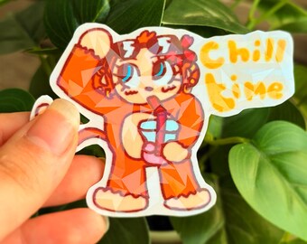 Holographic Orange Monkey Sticker: Chill Time Drink, Handmade Vinyl Decal