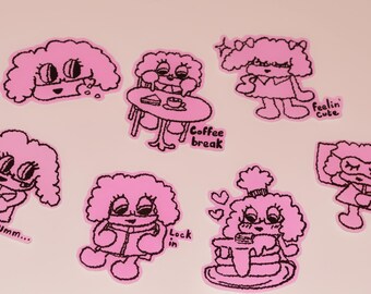 Coquette girly stickers pack of seven pink fluffy maltese dog handmade vinyl small set of 7