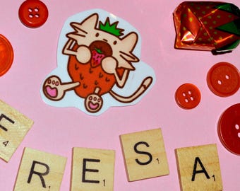 Handmade Glossy Strawberry-Cat Fresa Sticker