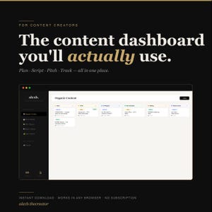 Puede incluir: Interfaz digital sobre fondo negro con el texto "The content dashboard you'll actually use." La interfaz muestra un panel con herramientas de planificación de contenido. El texto "alexb.thecreator" está en la parte inferior.