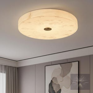 May include: A round, flush-mount ceiling light fixture with a marble-like appearance. The light has a warm, diffused glow and a small, dark-colored central detail. The fixture is mounted on a white ceiling.