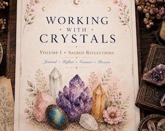 May include: A book titled "Working with Crystals" with floral and crystal illustrations. The cover features a variety of crystals in shades of pink, purple, and gold. Additional items include a lit candle, crystals in a bowl, and a vintage key.
