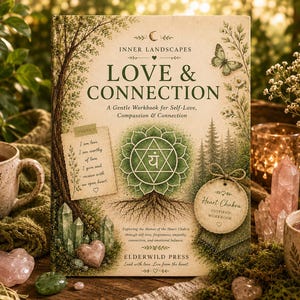 Puede incluir: Un libro de ejercicios rectangular titulado Inner Landscapes Love & Connection con un símbolo de chakra del corazón verde, ilustraciones de bosques y una mariposa. La portada incluye texto sobre amor propio, publicado por Elderwild Press.