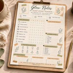 May include: A Glow Notes sleep study tracker printed on paper, secured to a wooden clipboard. The tracker features sections for daily practices, sleep changes, triggers, and sleep supports, with botanical illustrations and text in a neutral color palette.