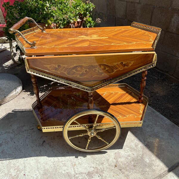 Vintage Italian Marquetry Inlaid Wood Serving Bar Tea Cart 1950's  *Read Description*