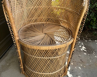 Vintage Boho Woven Rattan Wicker Short Back Peacock Barrel Accent Chair