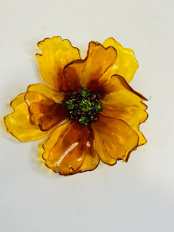 Vintage Honey Amber Celluloid Flower Green & Amber
