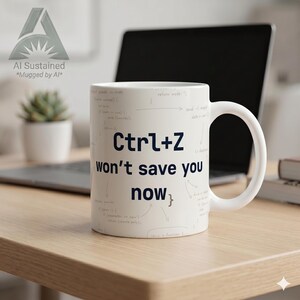 May include: A white ceramic mug featuring the dark blue text Ctrl+Z won't save you now printed on the front. The mug is decorated with faint, light grey programming code snippets and syntax symbols scattered across the entire surface area.