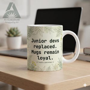 May include: A white ceramic mug featuring a botanical leaf pattern in shades of green and yellow. The text reads: Junior devs replaced. Mugs remain loyal. /* loyalty guaranteed */. The mug has a handle on the right side and a smooth finish.