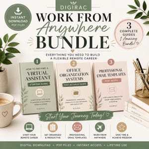 May include: An image promoting a "Work From Anywhere Bundle" with three guides: "How to Become a Virtual Assistant," "Office Organization Systems," and "Professional Email Templates." The image includes a coffee cup and pens.